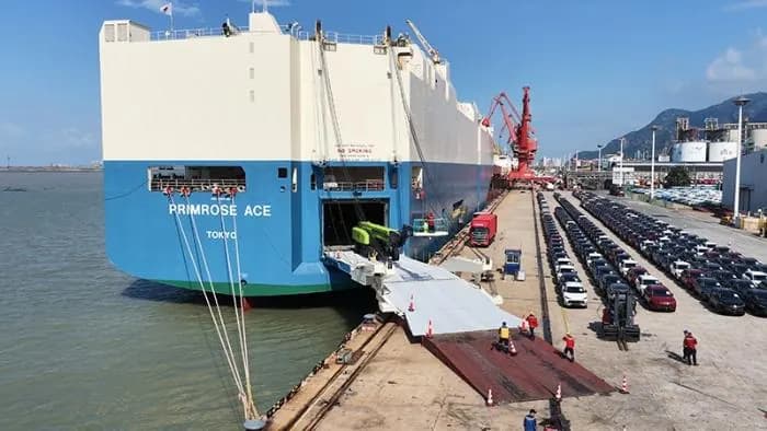 Ro-Ro vessel loading export vehicles at the quay
