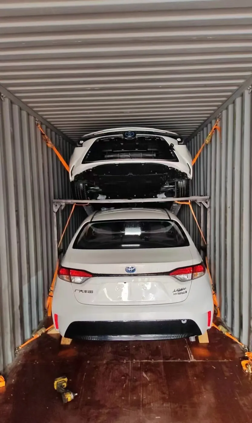 Two-tier vehicle loading inside a shipping container